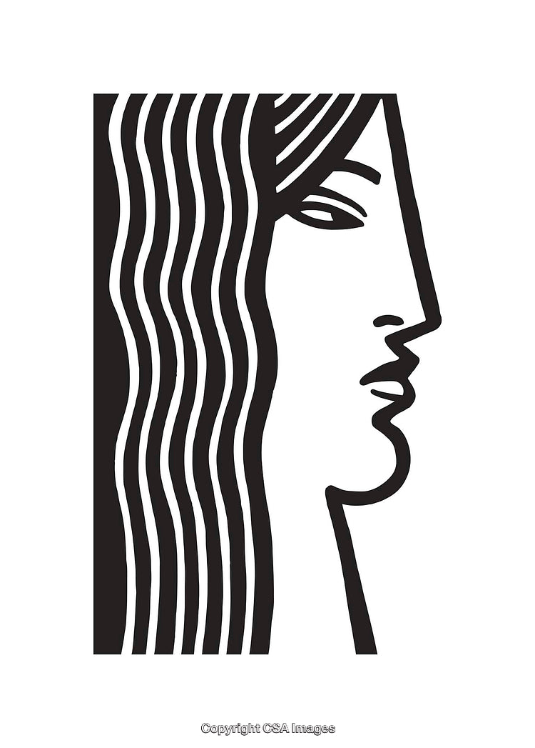 Stylized Black-and-White Line Art Profile of a Woman with Flowing Hair