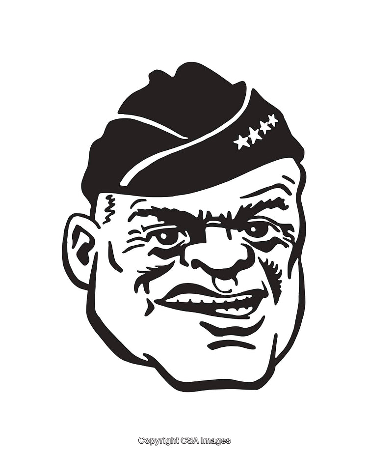 Black and White Line Art Illustration of a Smiling Face Wearing a Military Hat