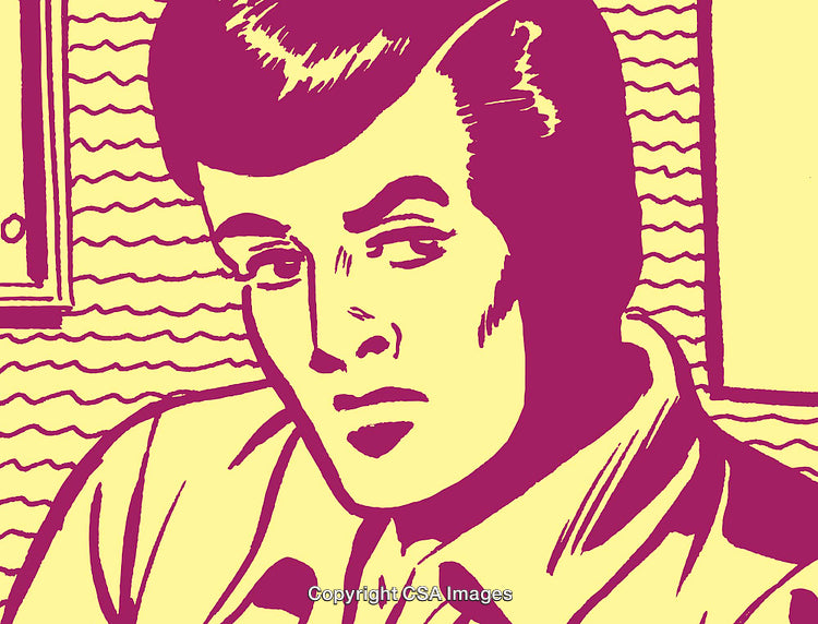 Stylized Retro Illustration of a Thoughtful Man in Bold Purple Colors