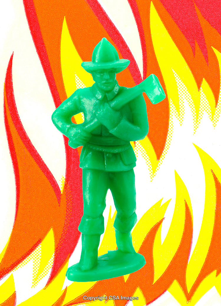 Green Plastic Firefighter Toy with Flames in Artistic Backdrop