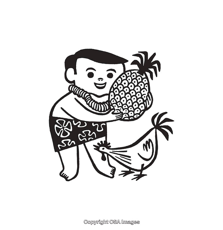 Charming Black and White Art Featuring Boy, Pineapple, and Chicken