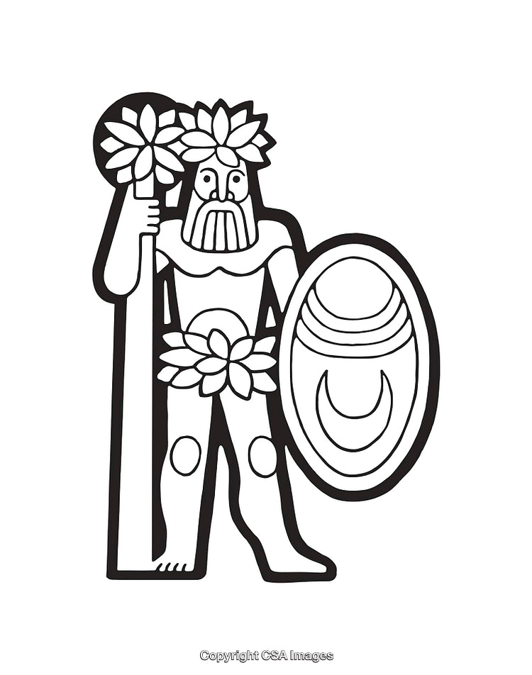 Black and White Line Art Illustration of a Warrior Holding Shield and Staff