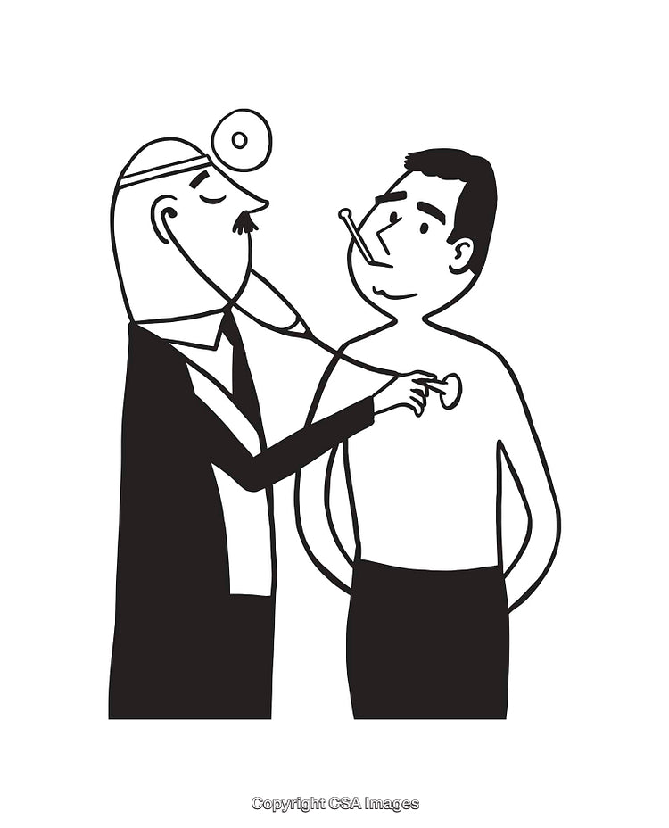 Black and White Cartoon of a Doctor and Patient Illustration