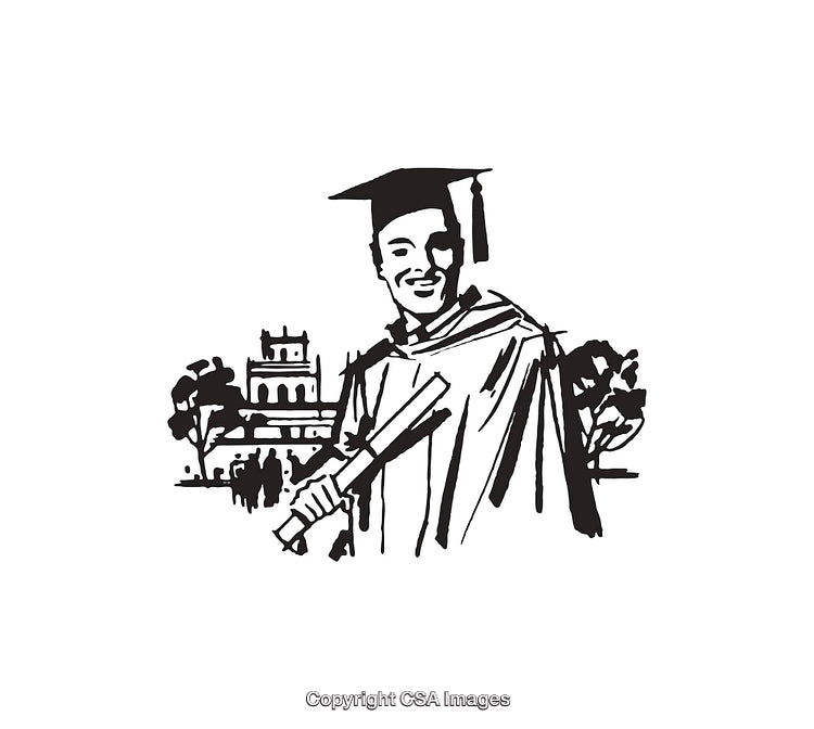 Graduation Celebration Line Art Illustration Featuring Graduate and Campus
