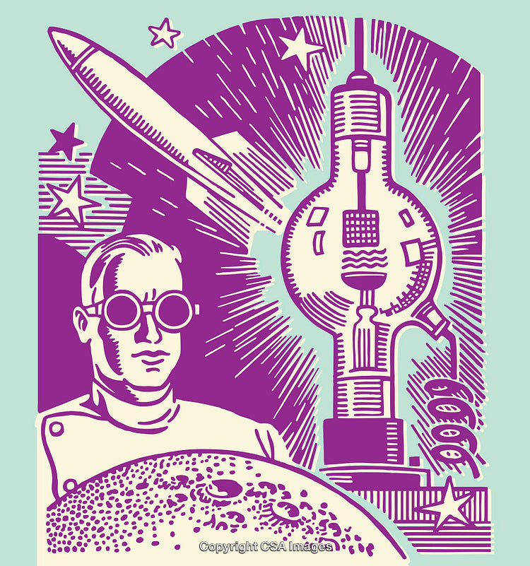 Retro Styled Sci-Fi Line Art Illustration of Space and Science