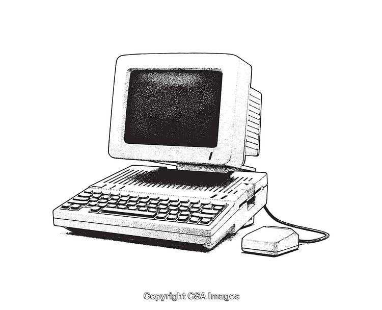 Vintage Computer Monitor and Keyboard Illustrated in Black and White