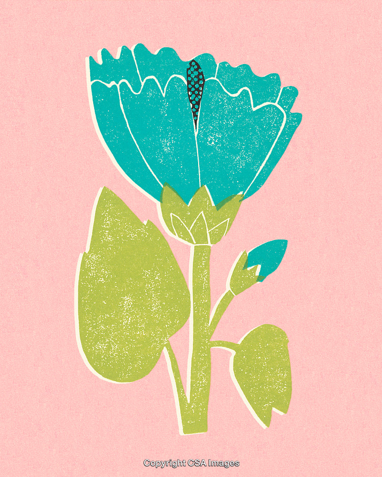 Vintage Floral Illustration Featuring Teal Flower and Green Leaves on Pink Background