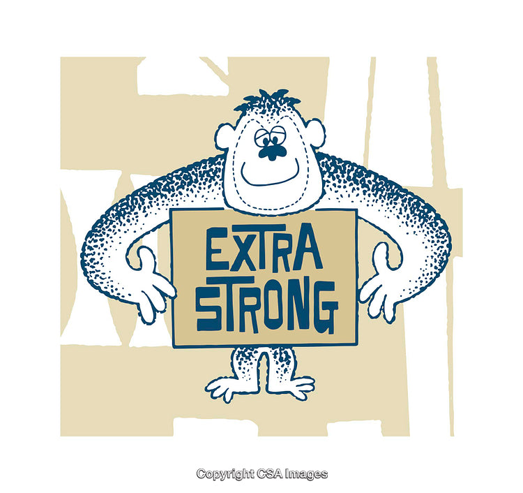 Bold Cartoon Gorilla Holding Extra Strong Sign with Expressive Illustration Style