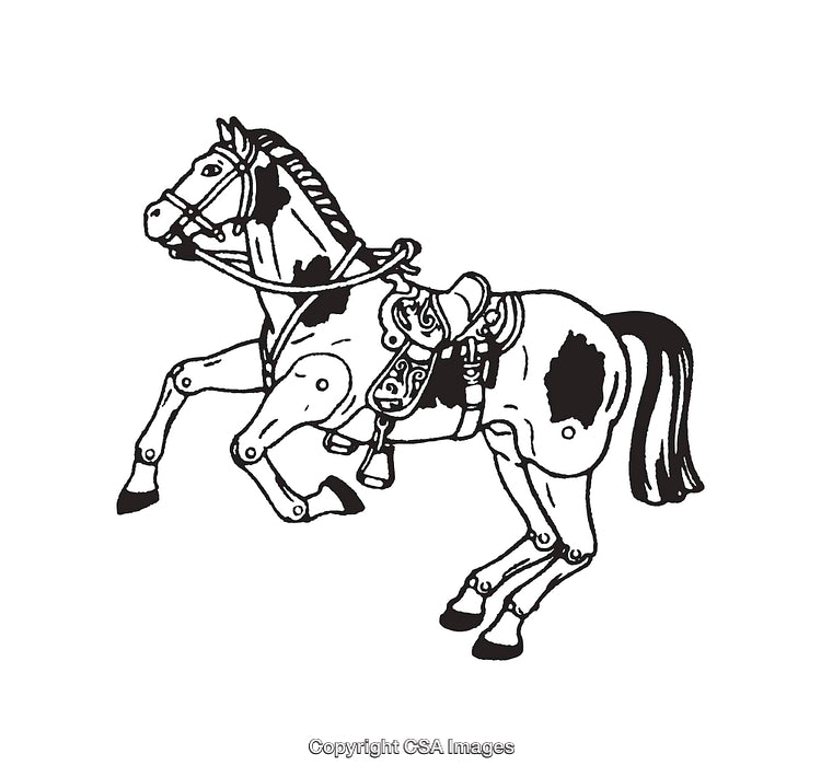 Black and White Line Art Illustration of a Saddled Horse in Motion