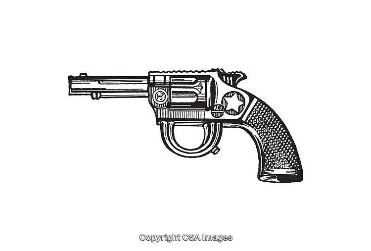 Detailed Black and White Vintage Line Art Revolver Illustration