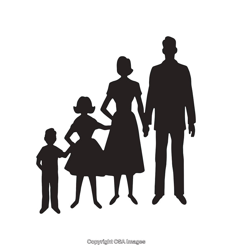 Silhouette of a Family Standing Together Holding Hands on White Background