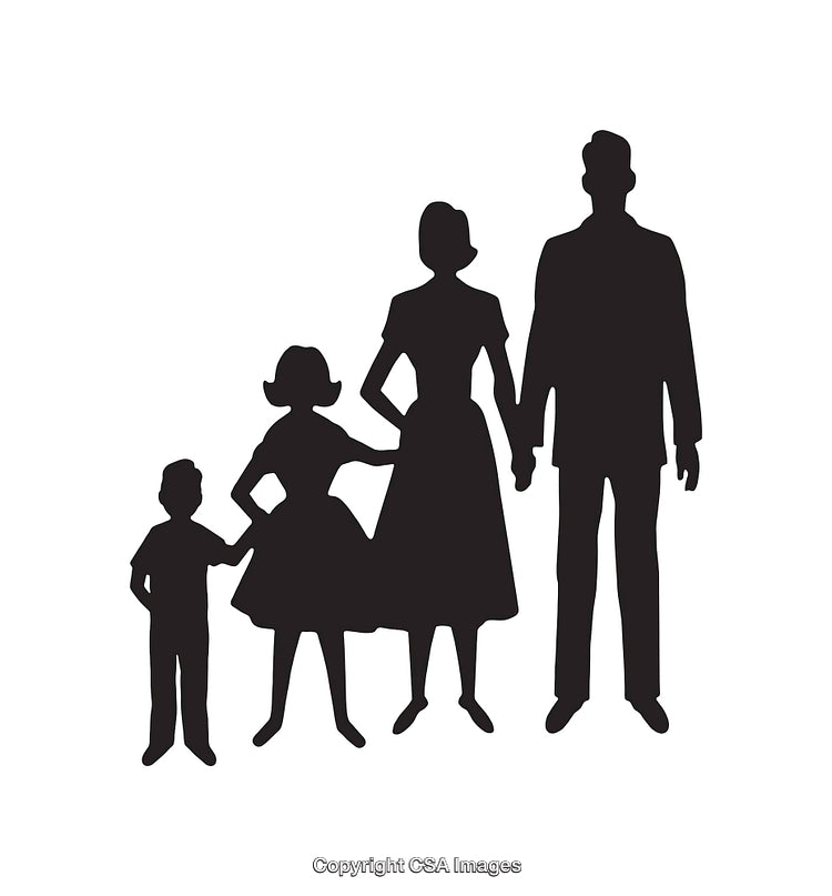 Silhouette of a Family Standing Together Holding Hands on White Background