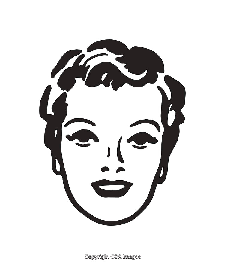 Retro Black and White Smiling Woman Line Art Illustration
