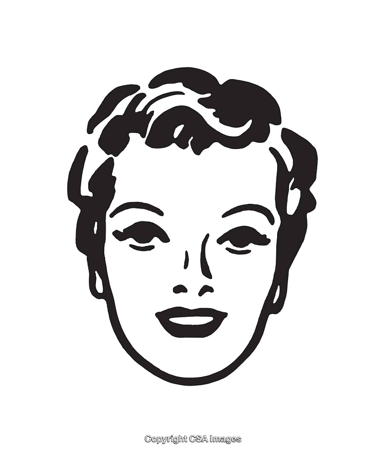 Retro Black and White Smiling Woman Line Art Illustration