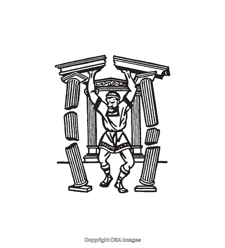 Black and White Line Art Illustration of a Strong Figure and Collapsing Pillars