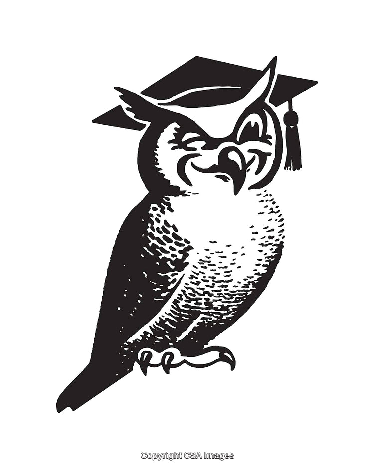 Black and White Line Art of Winking Owl Wearing Graduation Cap