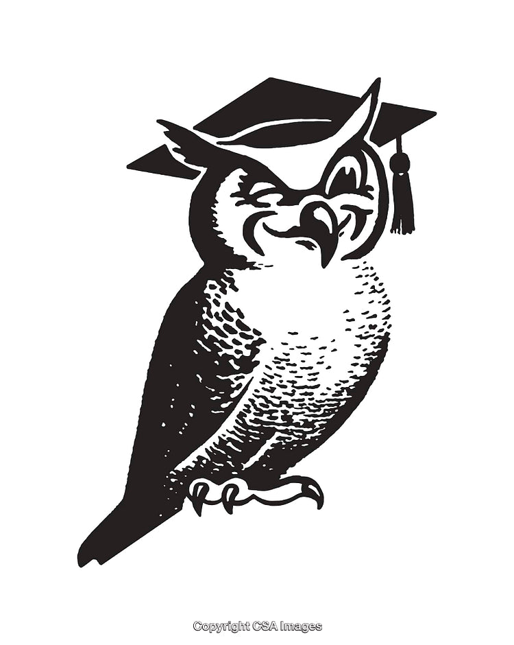 Black and White Line Art of Winking Owl Wearing Graduation Cap