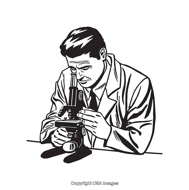 Black and White Illustration of a Scientist Studying with a Microscope