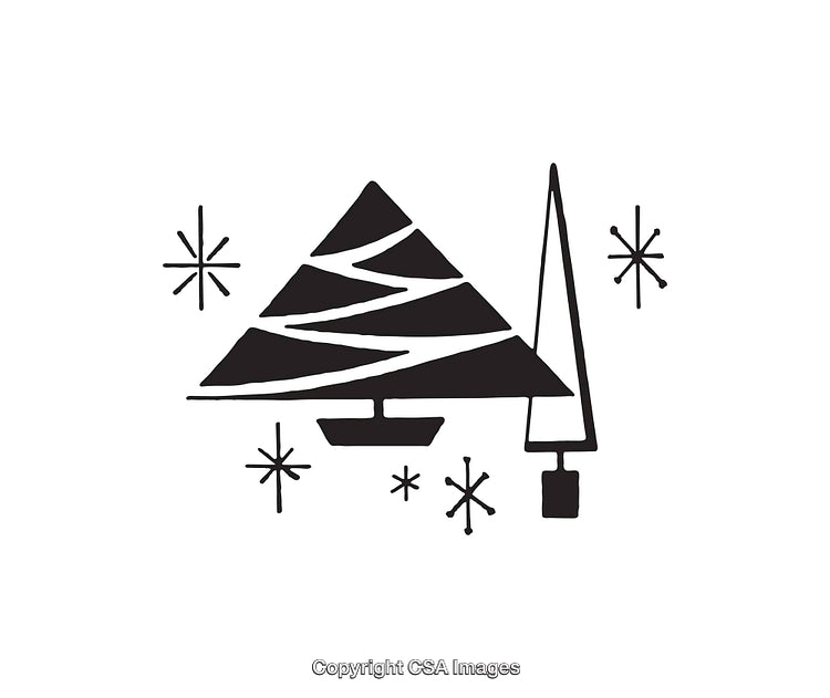 Minimalist Black And White Illustration of Christmas Trees and Snowflakes