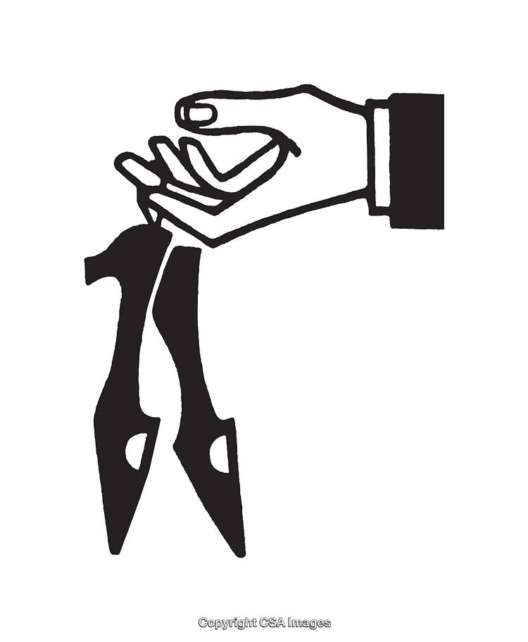 Black and White Line Art of Hand Holding High Heels Shoes