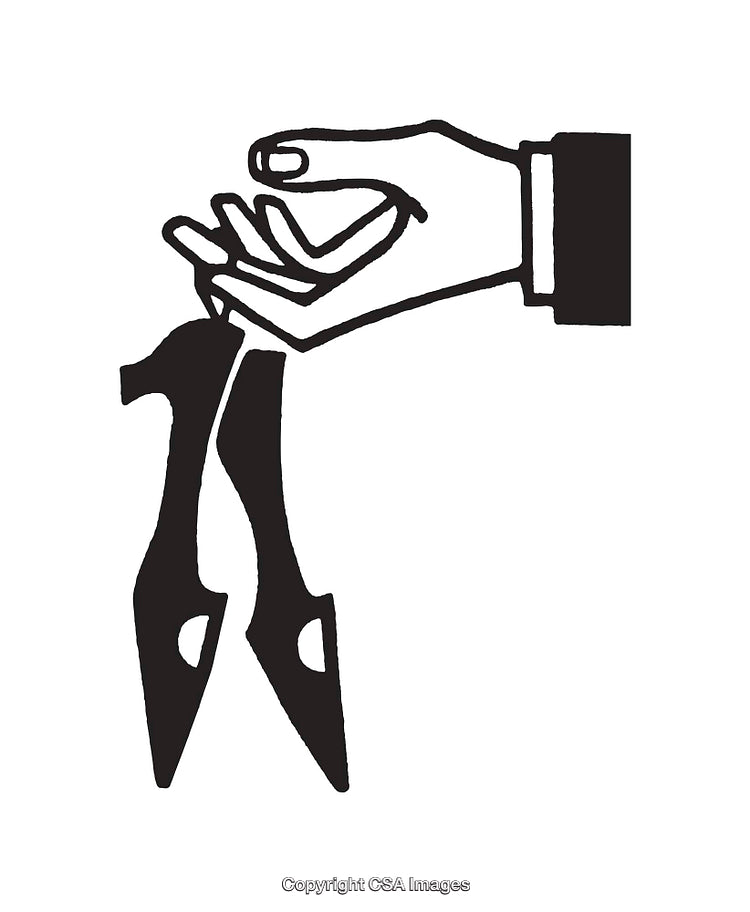 Black and White Line Art of Hand Holding High Heels Shoes