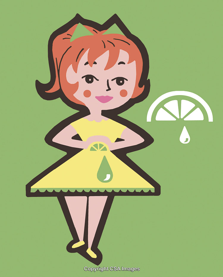 Whimsical Cartoon of a Girl With Lemon Slice and Green Background