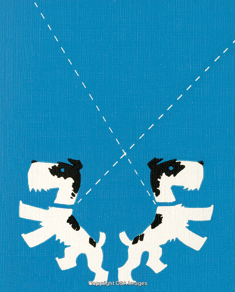 Symmetrical Illustration of Two Cartoon Dogs on a Vibrant Blue Background