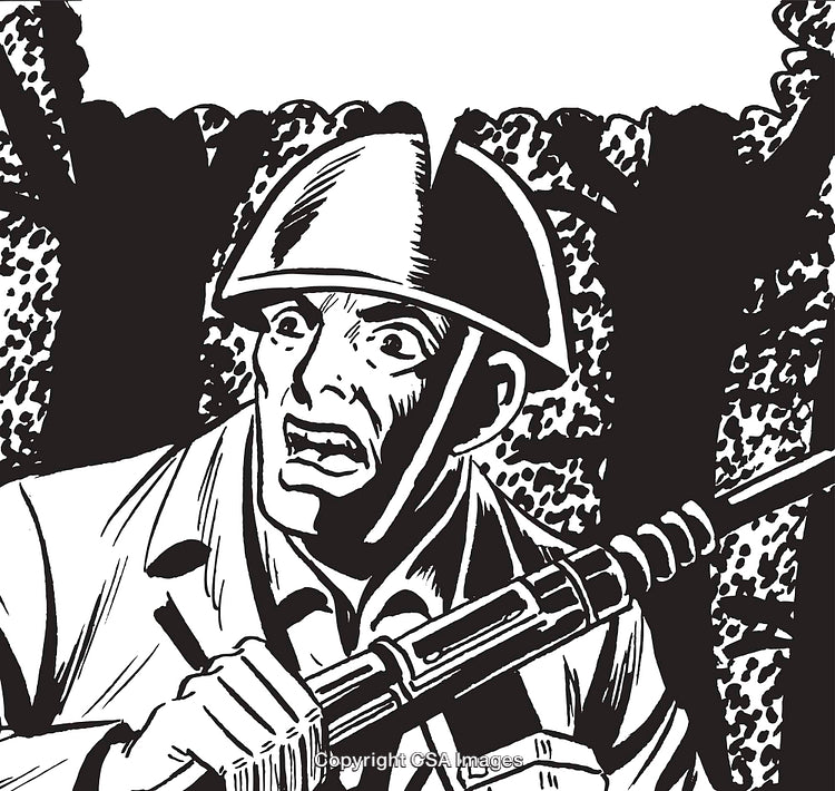 Vintage Comic Style Soldier Depicted in a Dramatic Moment Holding a Rifle