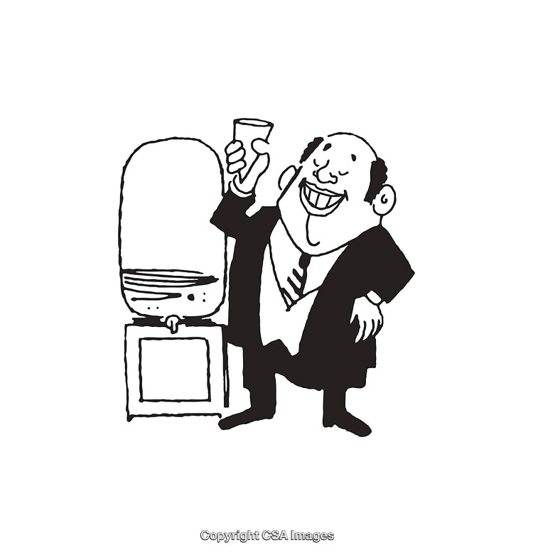 Businessman Near Water Cooler Holding Drink in Line Art Style