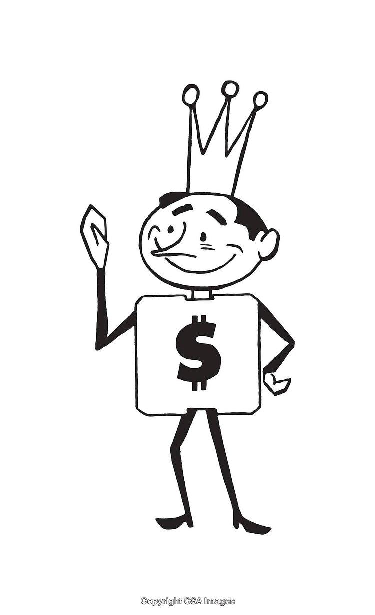 Cartoon Of A King Character With A Monetary Symbol Emblem
