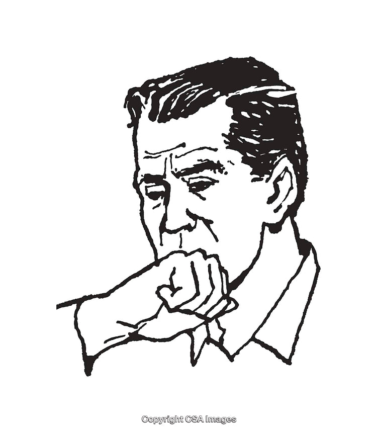 Black and White Line Drawing of a Thoughtful Man in Contemplation