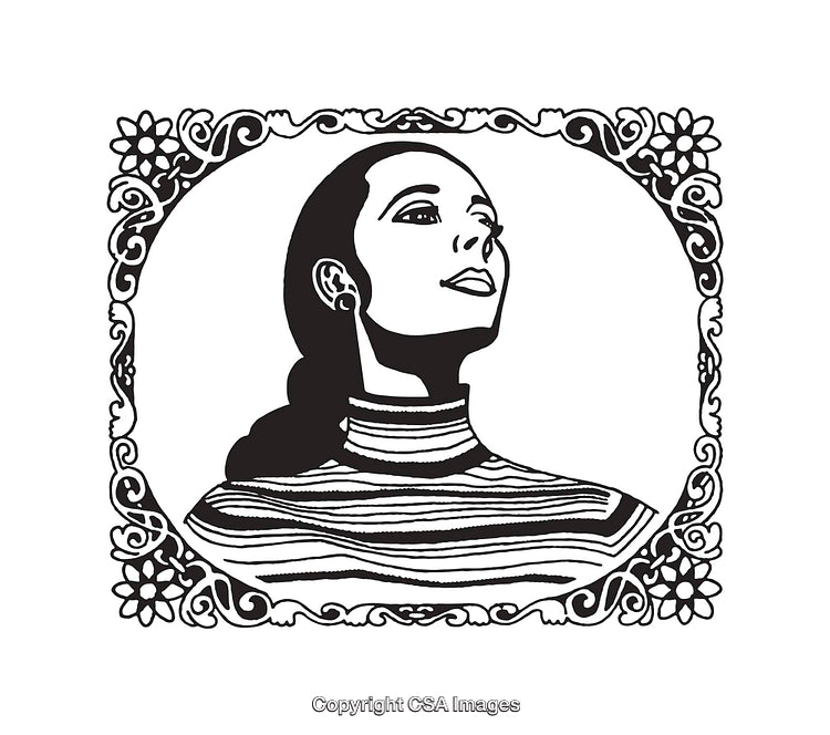 Black and White Line Art Woman Portrait with Decorative Frame
