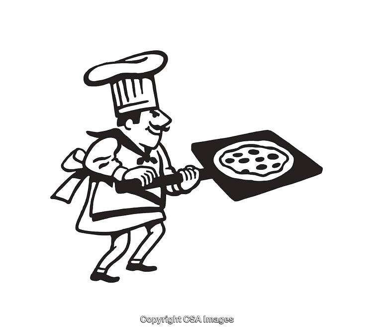 Chef Cooking Pizza Illustration in Black and White Line Art Style