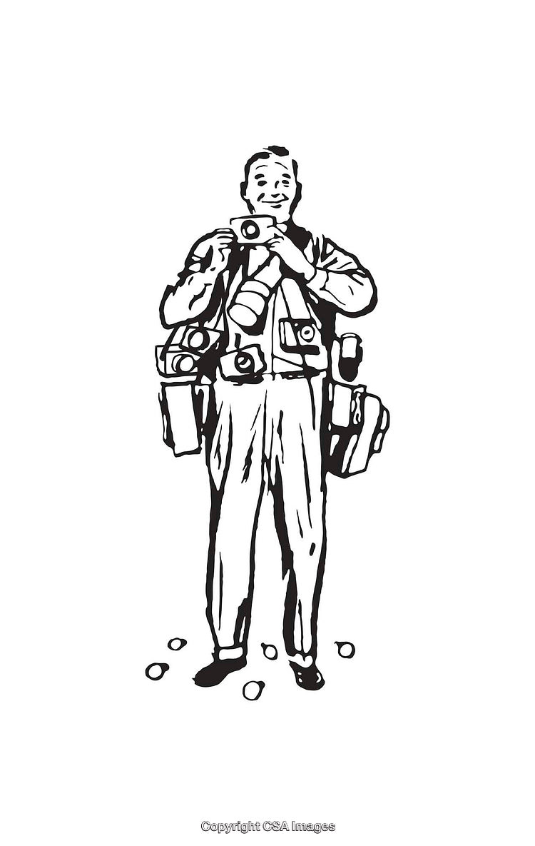 Black and White Illustration of Photographer Carrying Multiple Cameras and Equipment