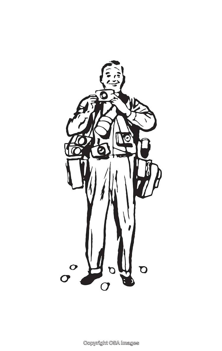 Black and White Illustration of Photographer Carrying Multiple Cameras and Equipment
