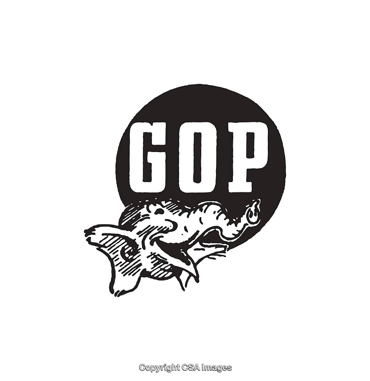 Stylized Black and White Illustration Featuring GOP Text and Elephant Motif