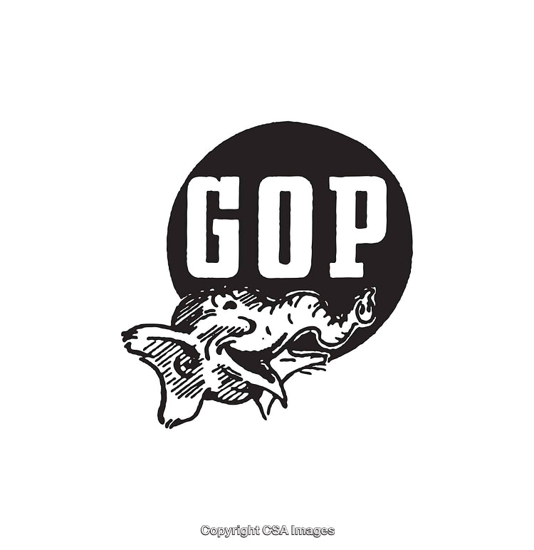 Stylized Black and White Illustration Featuring GOP Text and Elephant Motif