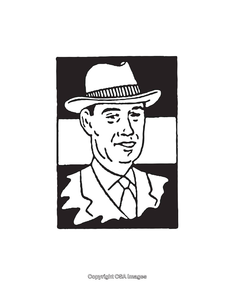 Retro Black and White Illustration of a Gentleman in a Suit and Hat