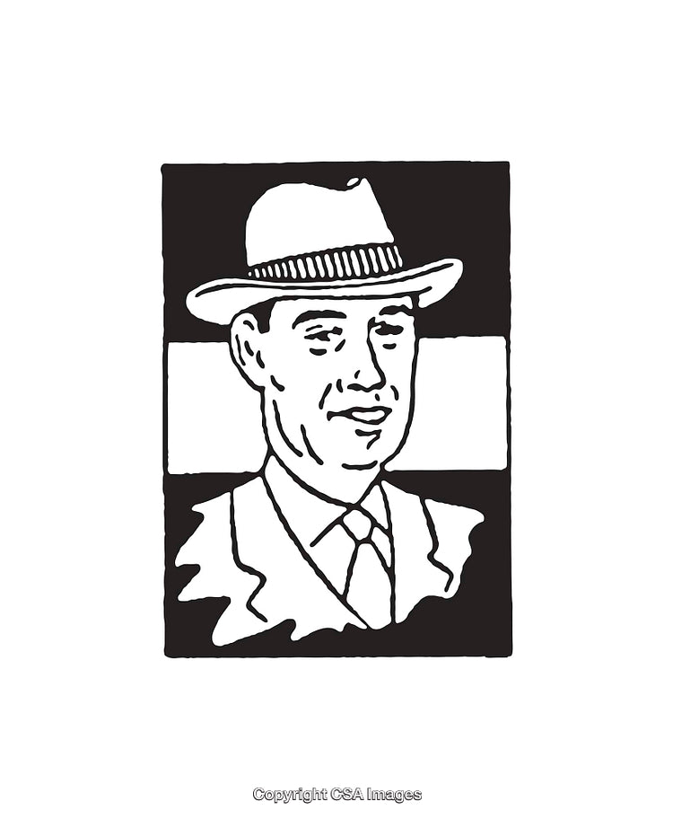 Retro Black and White Illustration of a Gentleman in a Suit and Hat
