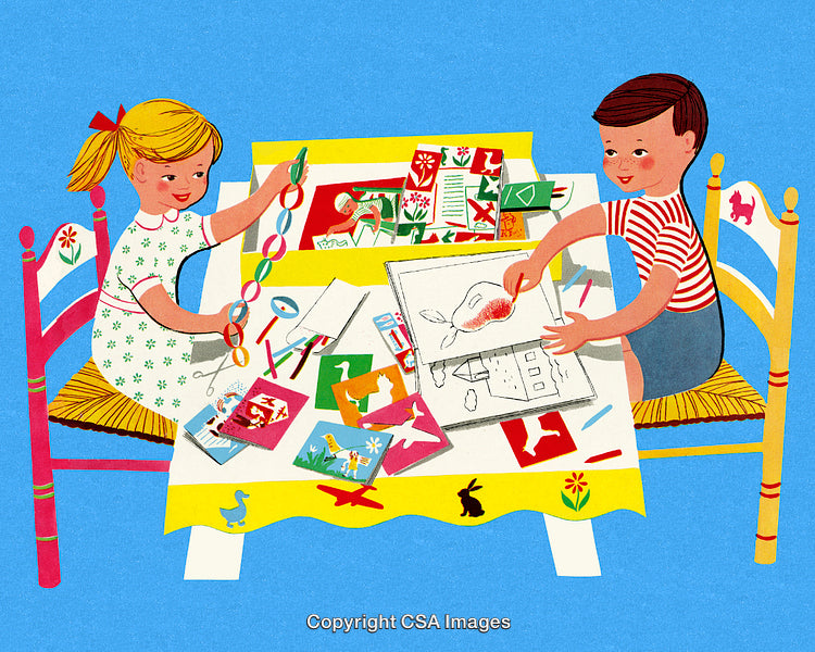 Children Engaging in Creative Art Projects at a Colorful Craft Table