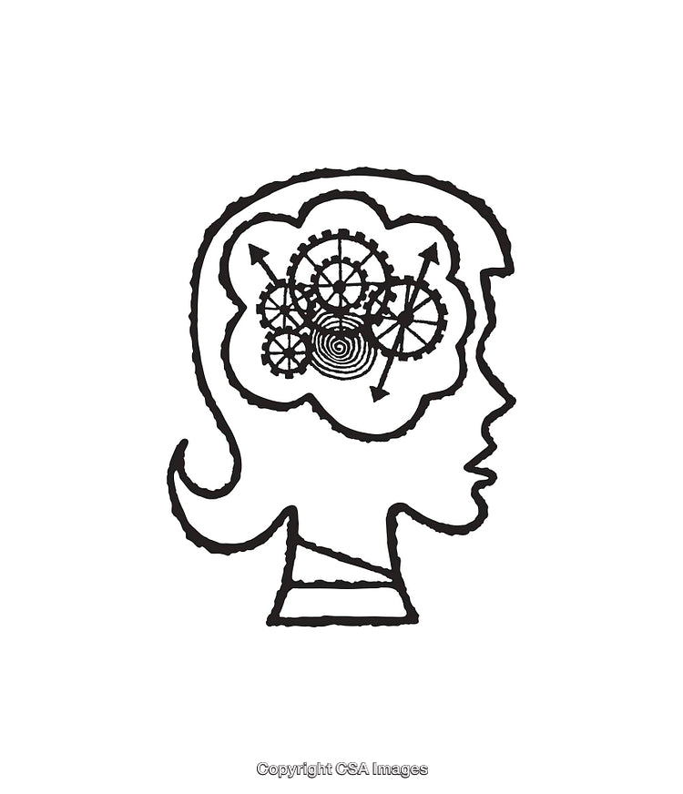 Black and White Line Art of Human Profile with Gears Representing Thoughts