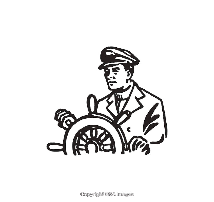 Black And White Line Art Illustration of a Sailor at Ship's Helm