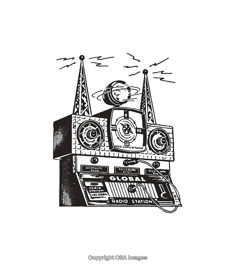 Vintage Black and White Line Art Representation of a Retro Radio Station