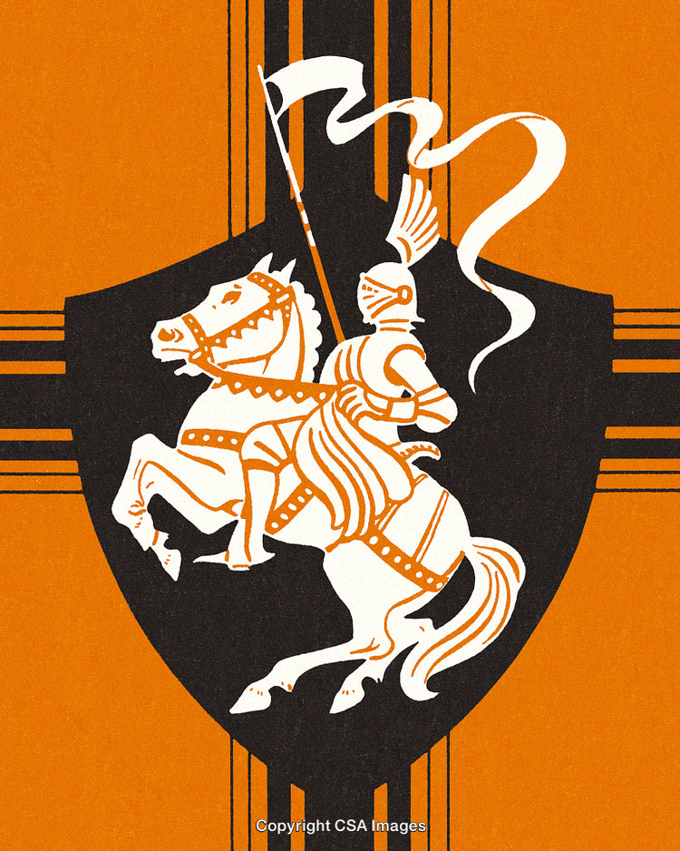 Illustration of a Medieval Knight on Horseback with Banner and Shield Design