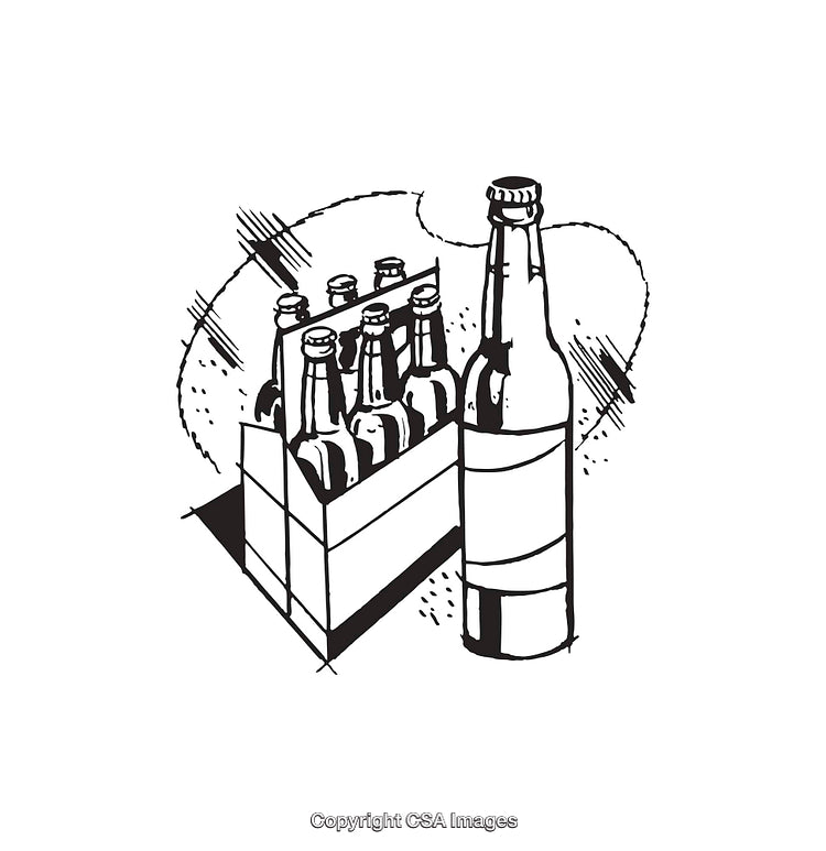Black and White Illustration of Bottles and a Beverage Pack