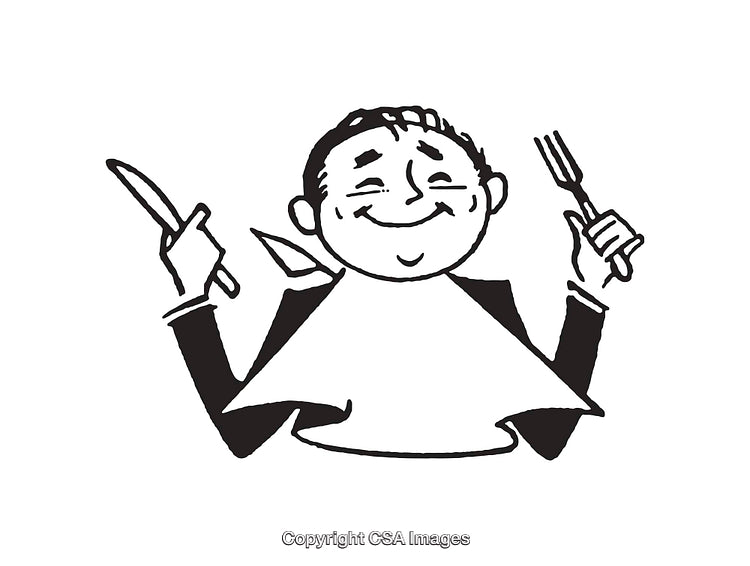 Black And White Illustration of a Happy Person Ready to Eat