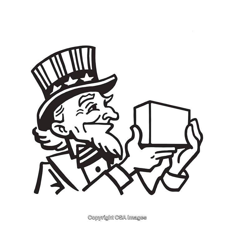Black and White Line Art of a Patriotic Figure with a Box
