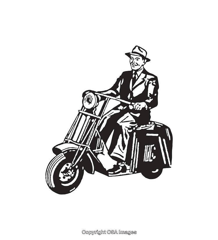 Vintage Illustration of a Gentleman Riding a Classic Scooter