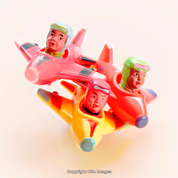 Colorful Vintage Toy Airplanes with Pilot Figures in Bright Colors