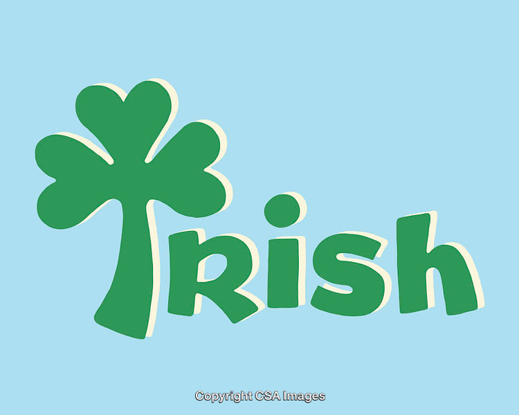 Illustrated Green Shamrock with 'Irish' Text on Blue Background